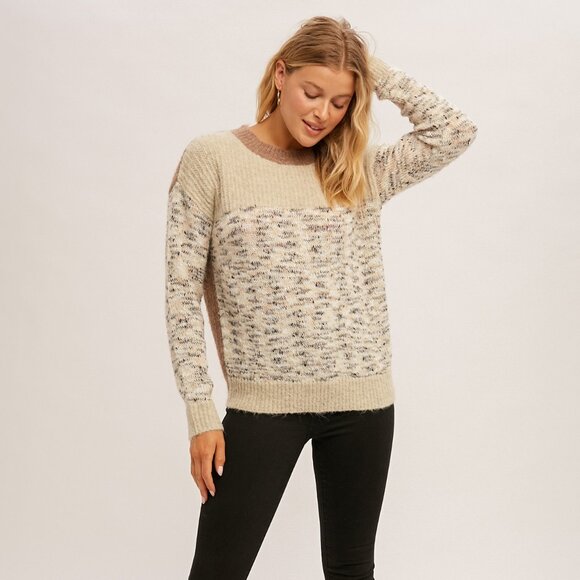 HEM & THREAD Colorblock Knit Sweater, Neutral Beige Brown Multi, Soft Cozy - Picture 7 of 10